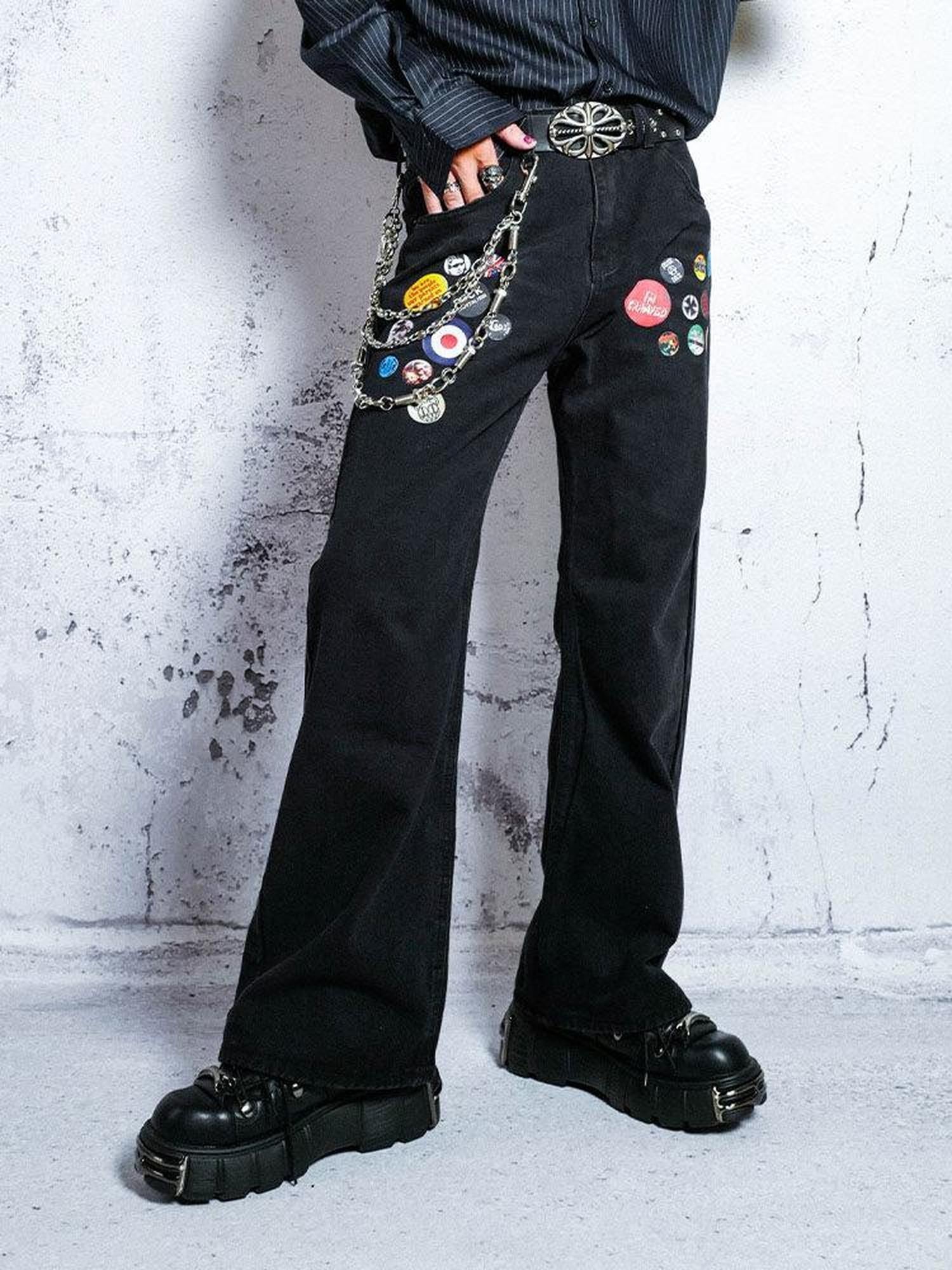 RebelSeed Black Punk Badge Distressed Washed Mid Rise Women's Denim Bootcut Jeans