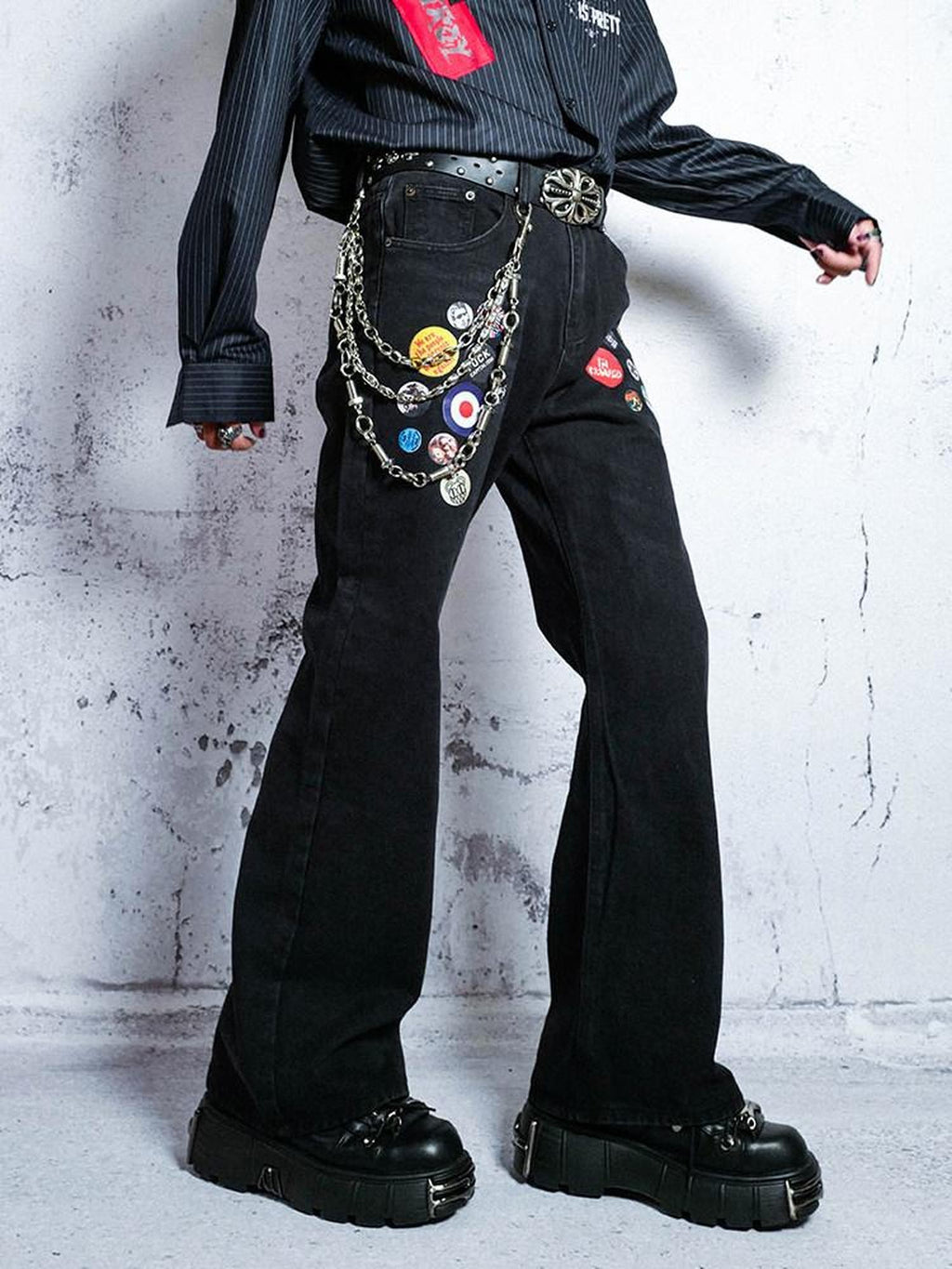RebelSeed Black Punk Badge Distressed Washed Mid Rise Women's Denim Bootcut Jeans