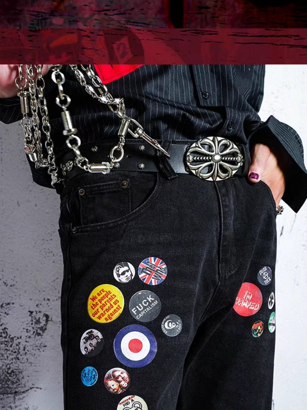 RebelSeed Black Punk Badge Distressed Washed Mid Rise Women's Denim Bootcut Jeans