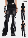 RebelSeed Black Punk Bowtie Snow Wash High Waist Microflare Women's Denim Distressed Jeans
