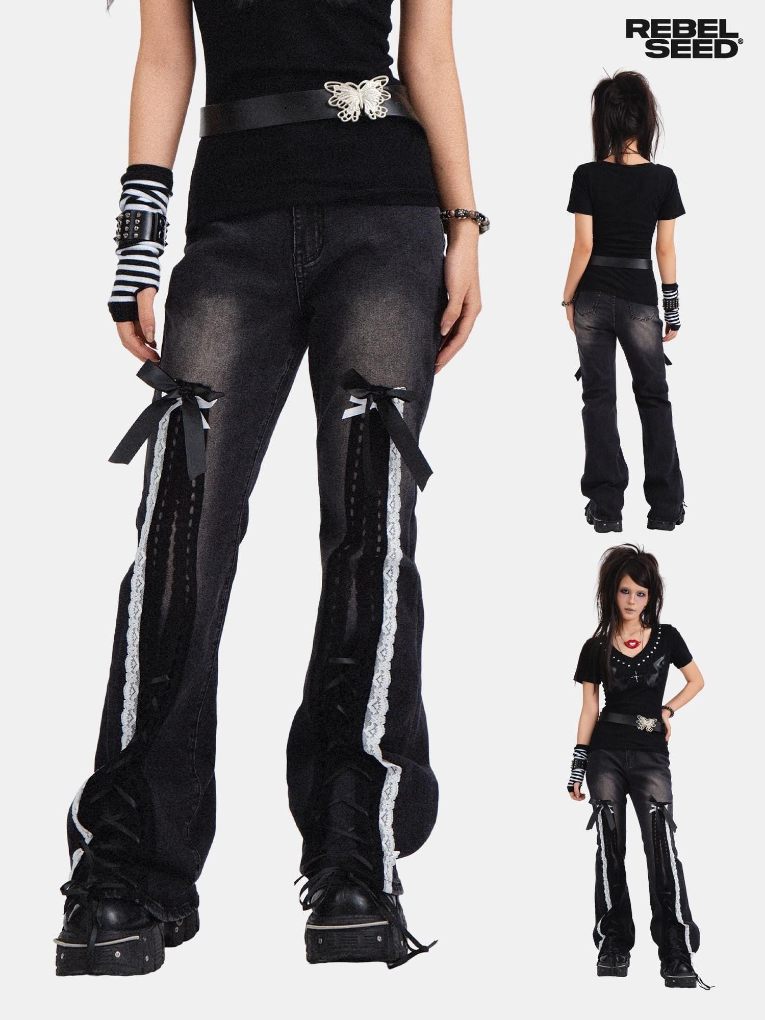 RebelSeed Black Punk Bowtie Snow Wash High Waist Microflare Women's Denim Distressed Jeans