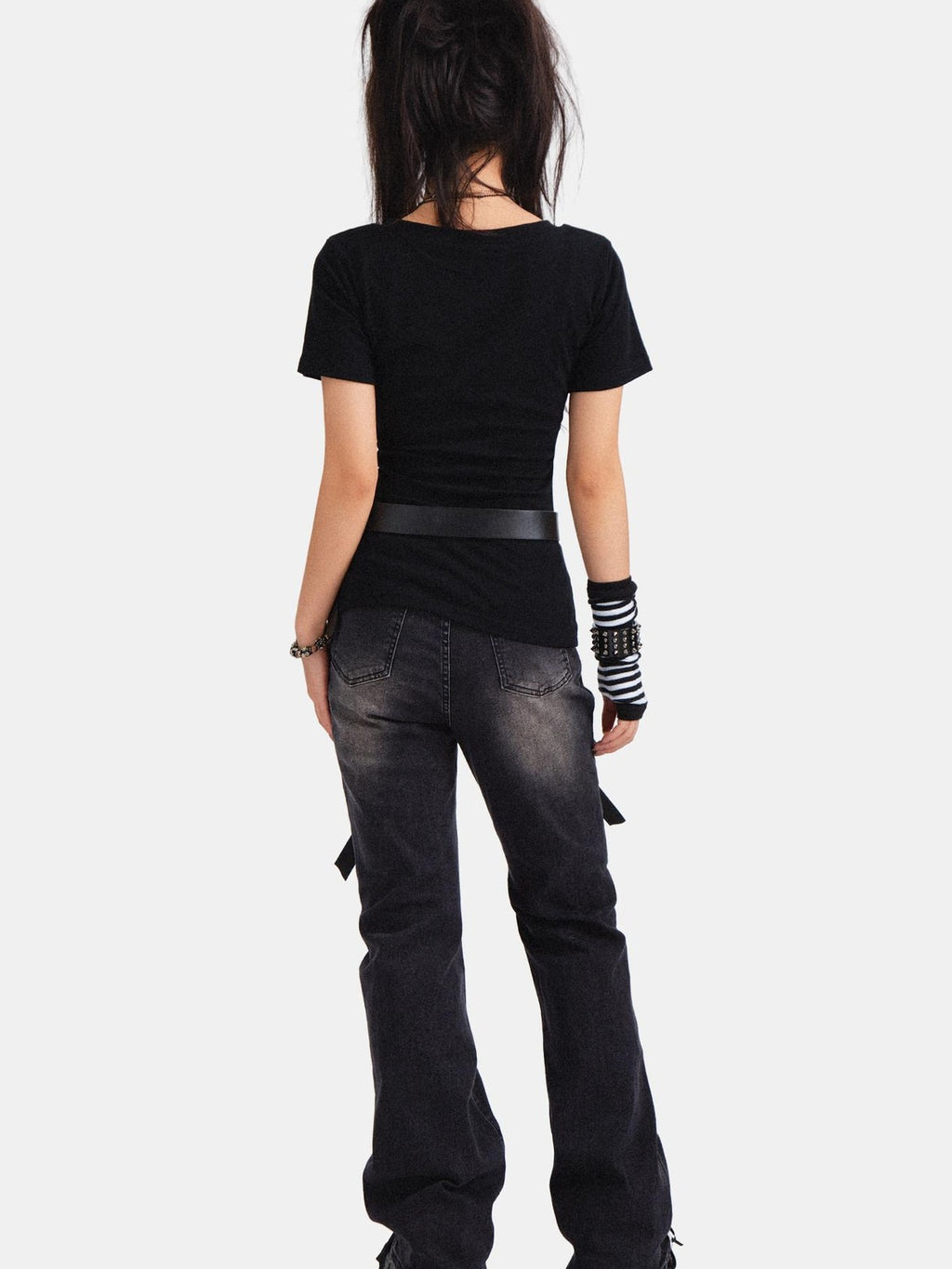 RebelSeed Black Punk Bowtie Snow Wash High Waist Microflare Women's Denim Distressed Jeans