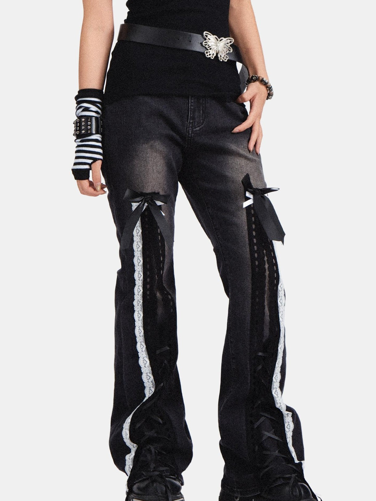 RebelSeed Black Punk Bowtie Snow Wash High Waist Microflare Women's Denim Distressed Jeans