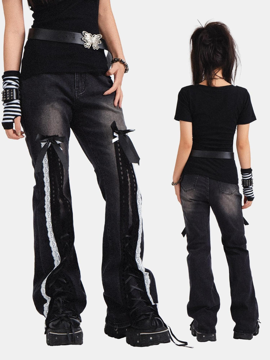 RebelSeed Black Punk Bowtie Snow Wash High Waist Microflare Women's Denim Distressed Jeans
