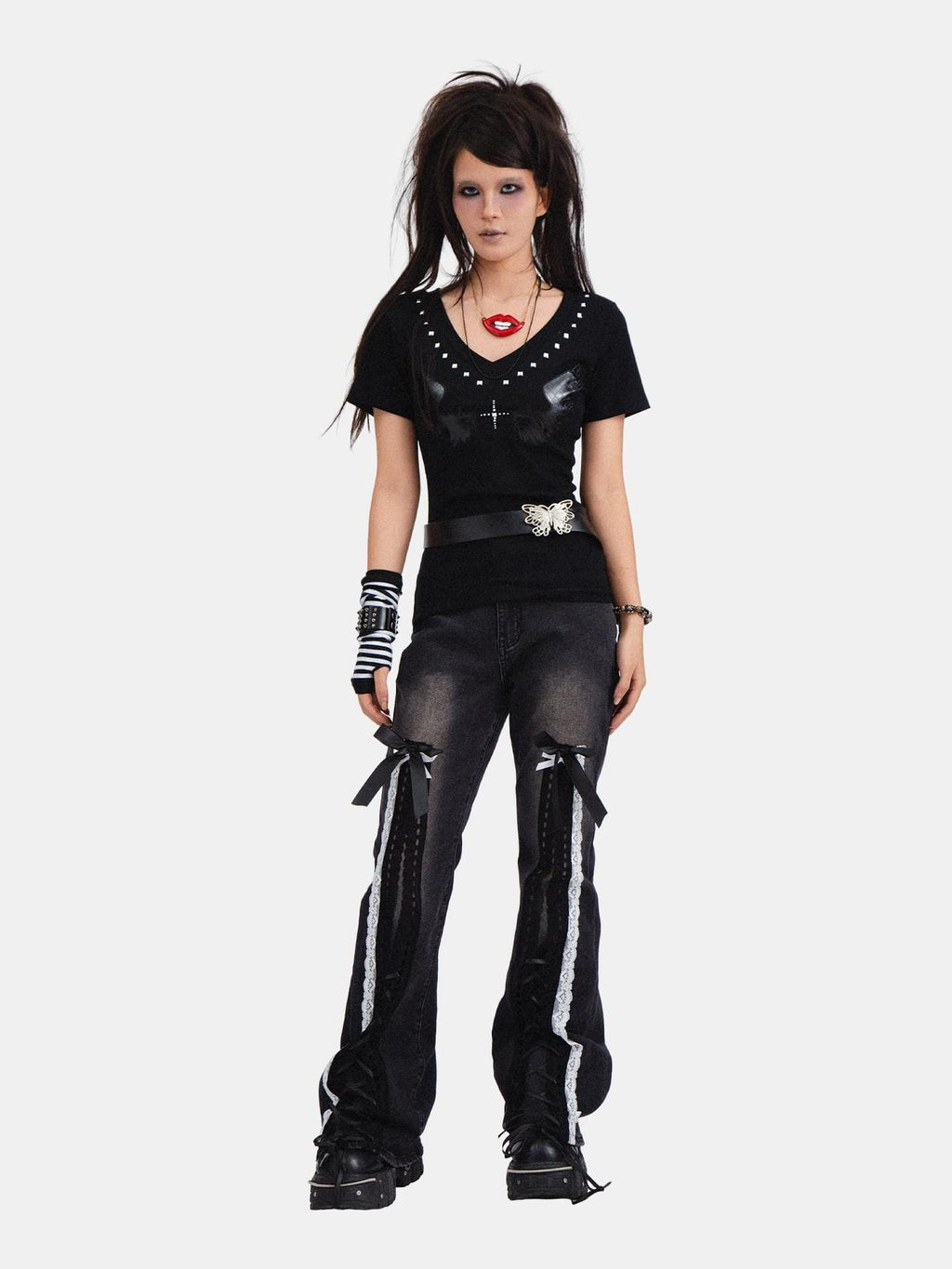 RebelSeed Black Punk Bowtie Snow Wash High Waist Microflare Women's Denim Distressed Jeans