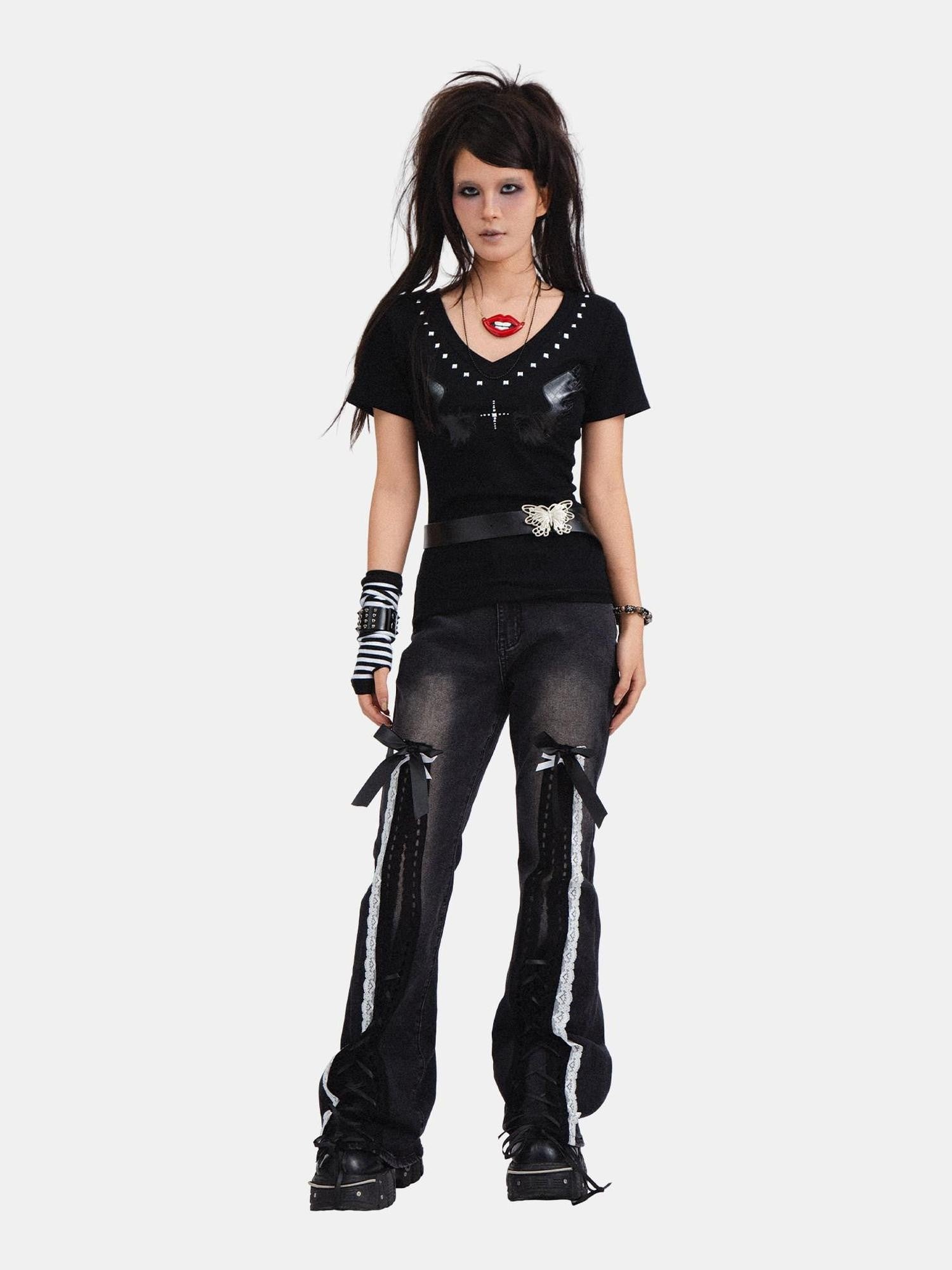 RebelSeed Black Punk Bowtie Snow Wash High Waist Microflare Women's Denim Distressed Jeans