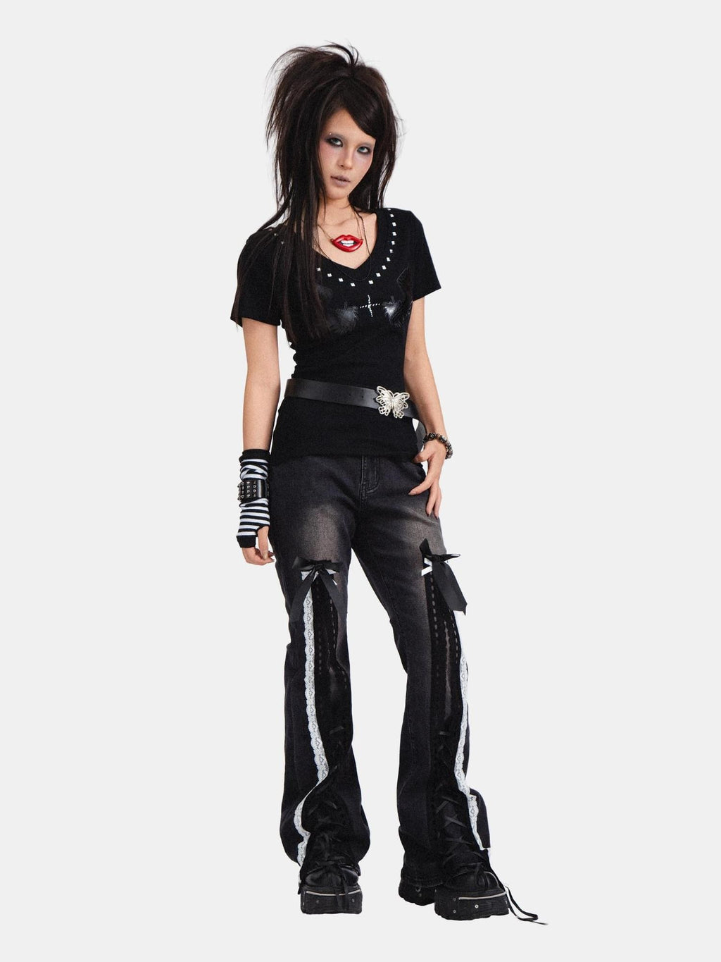 RebelSeed Black Punk Bowtie Snow Wash High Waist Microflare Women's Denim Distressed Jeans