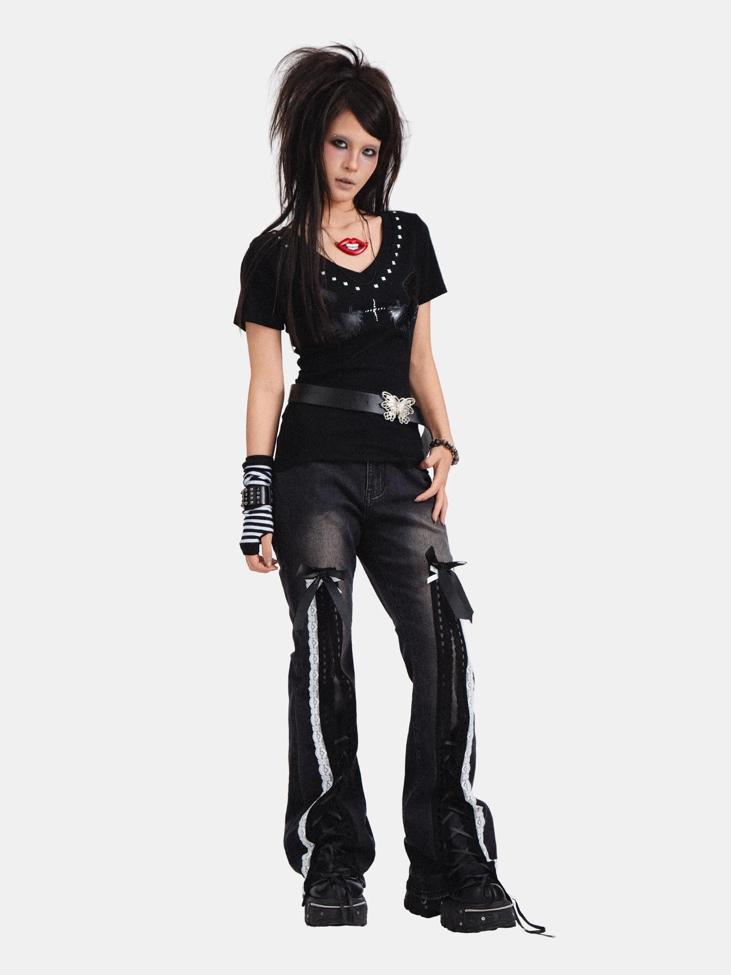 RebelSeed Black Punk Bowtie Snow Wash High Waist Microflare Women's Denim Distressed Jeans
