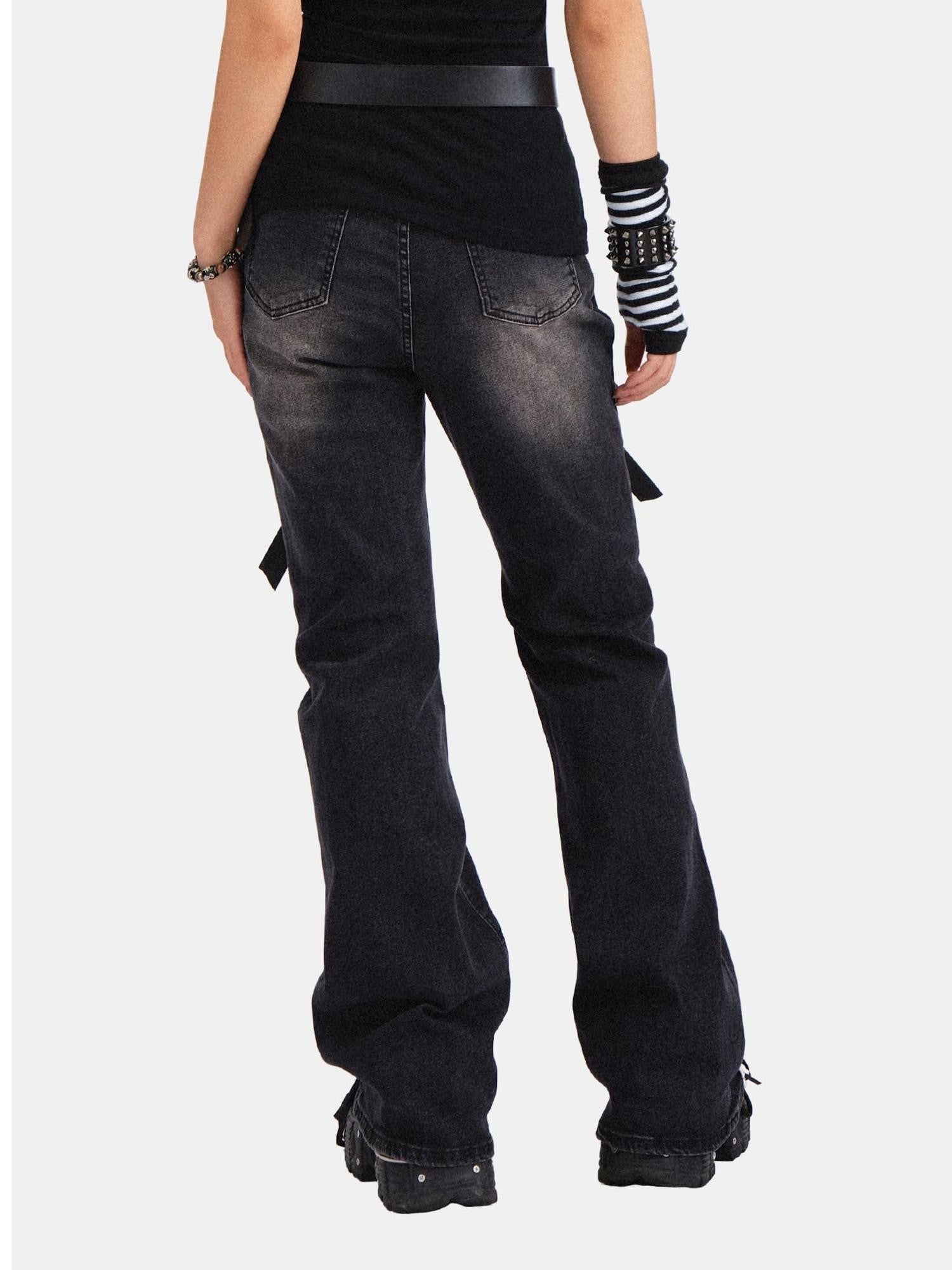 RebelSeed Black Punk Bowtie Snow Wash High Waist Microflare Women's Denim Distressed Jeans