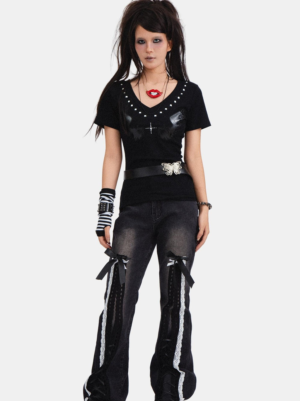 RebelSeed Black Punk Bowtie Snow Wash High Waist Microflare Women's Denim Distressed Jeans