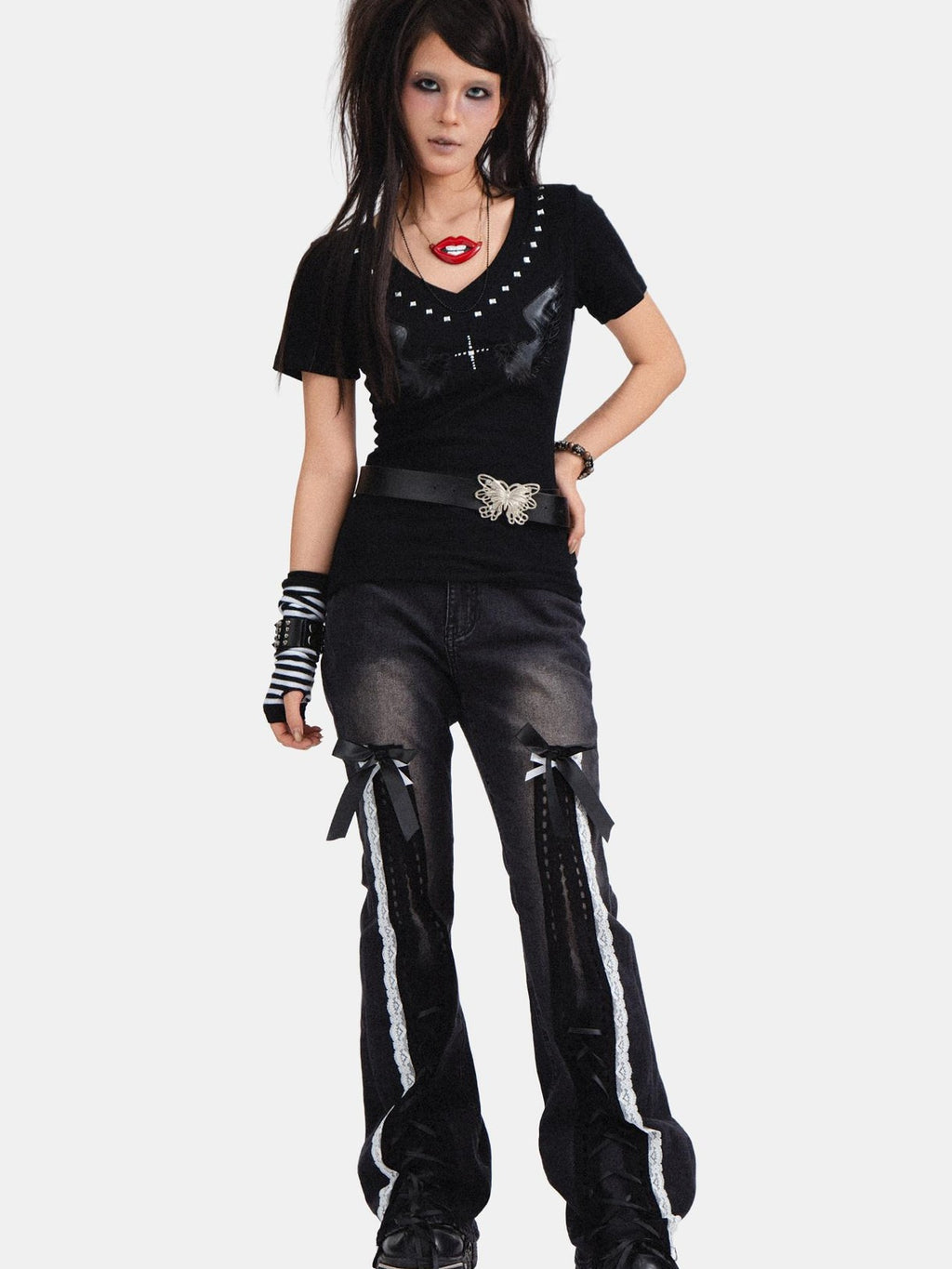 RebelSeed Black Punk Bowtie Snow Wash High Waist Microflare Women's Denim Distressed Jeans