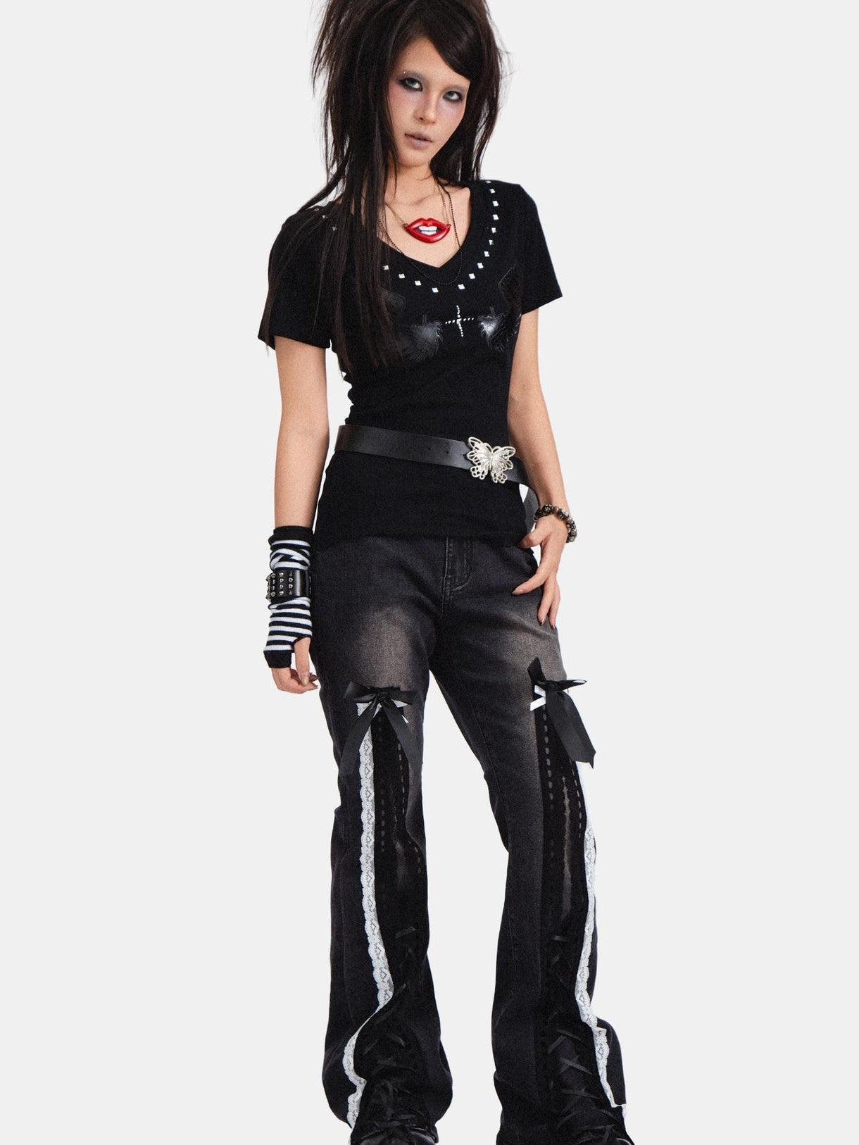 RebelSeed Black Punk Bowtie Snow Wash High Waist Microflare Women's Denim Distressed Jeans