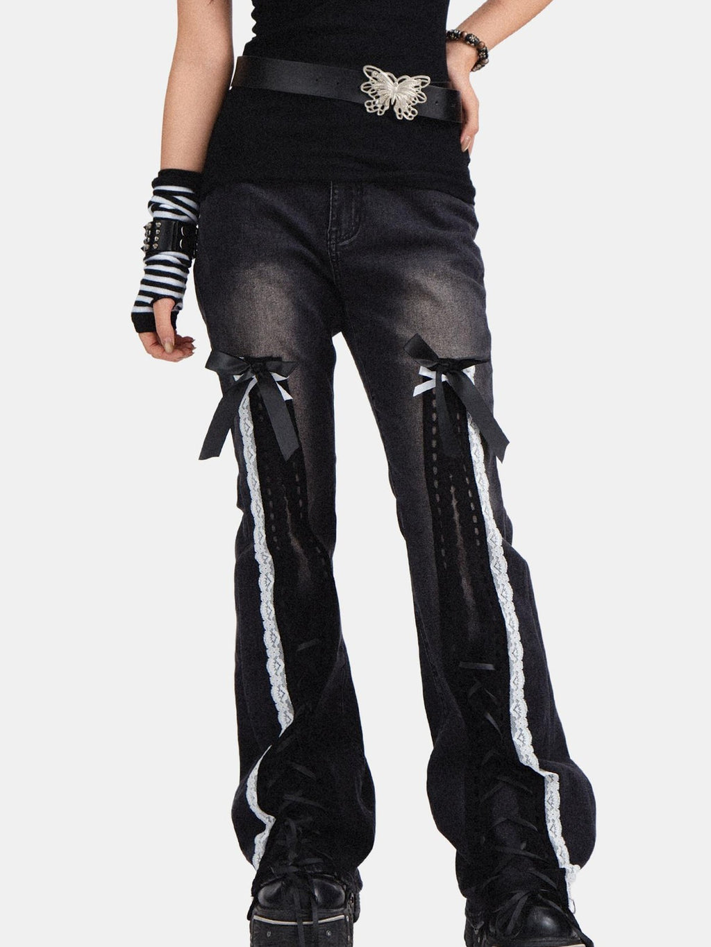 RebelSeed Black Punk Bowtie Snow Wash High Waist Microflare Women's Denim Distressed Jeans