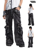 RebelSeed Black Punk Snow Wash Distressed Pocket Women's Denim Cargo Pants
