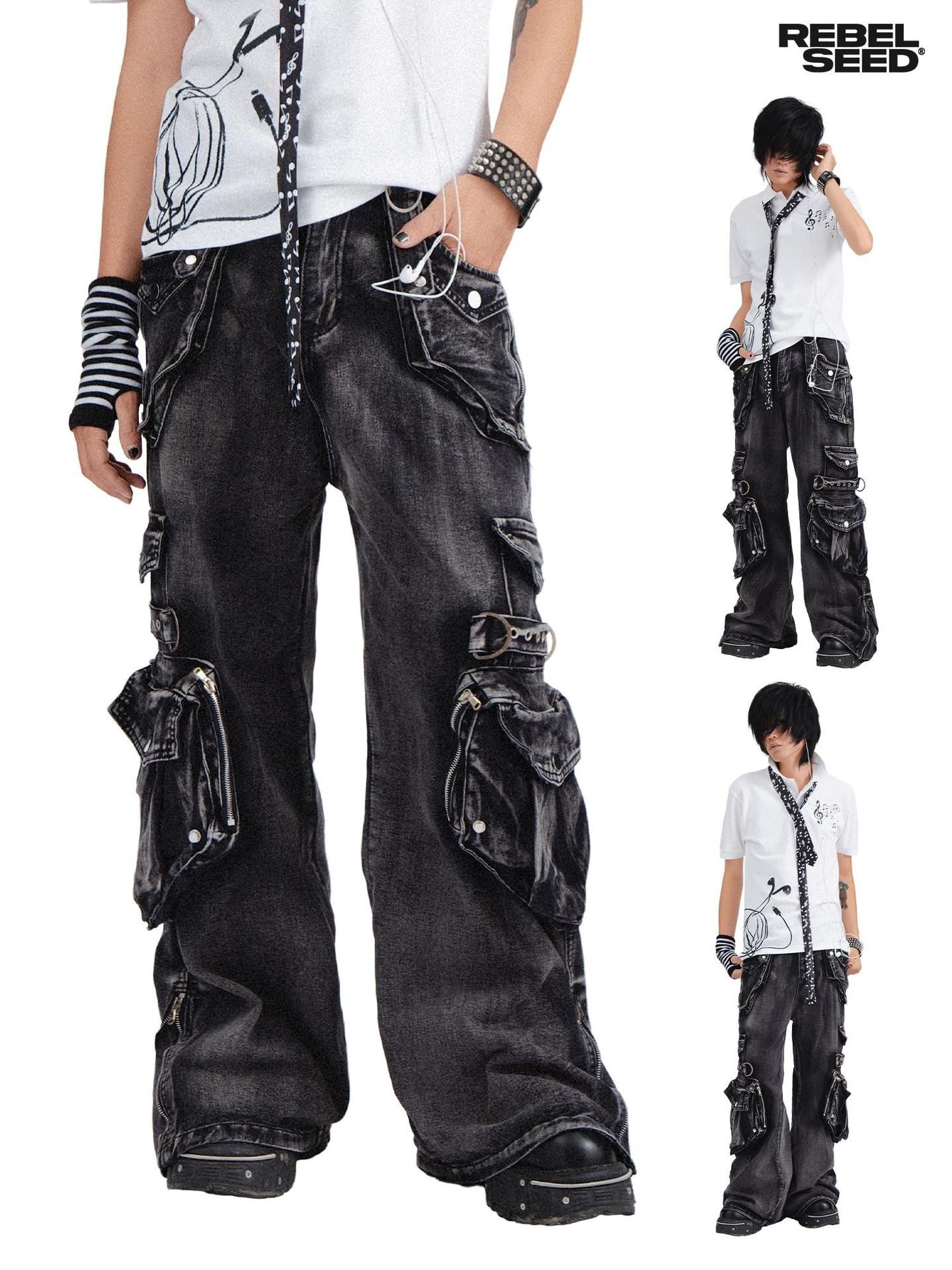 RebelSeed Black Punk Snow Wash Distressed Pocket Women's Denim Cargo Pants