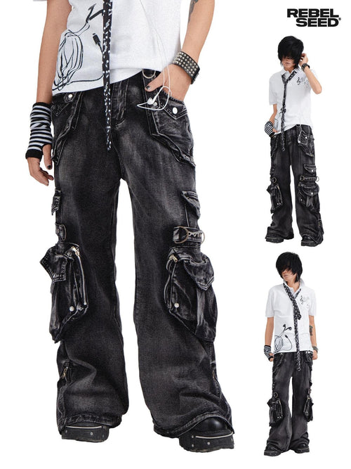 RebelSeed Black Punk Snow Wash Distressed Pocket Women's Denim Cargo Pants