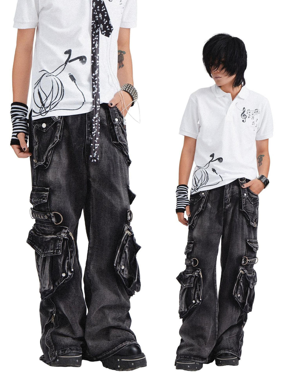 RebelSeed Black Punk Snow Wash Distressed Pocket Women's Denim Cargo Pants