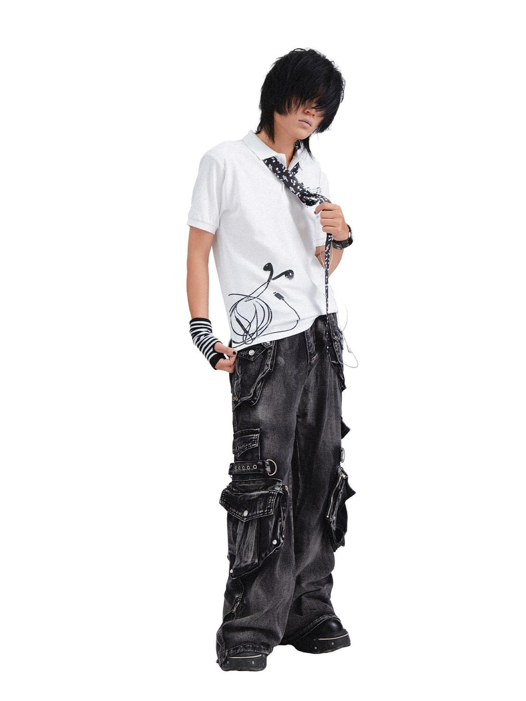 RebelSeed Black Punk Snow Wash Distressed Pocket Women's Denim Cargo Pants
