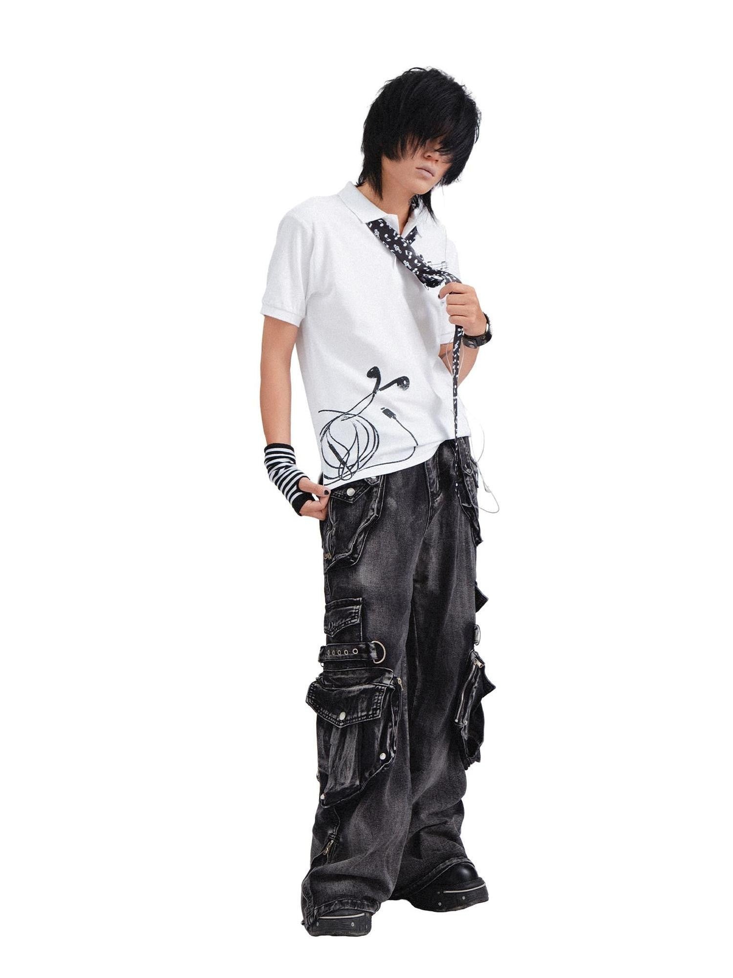 RebelSeed Black Punk Snow Wash Distressed Pocket Women's Denim Cargo Pants