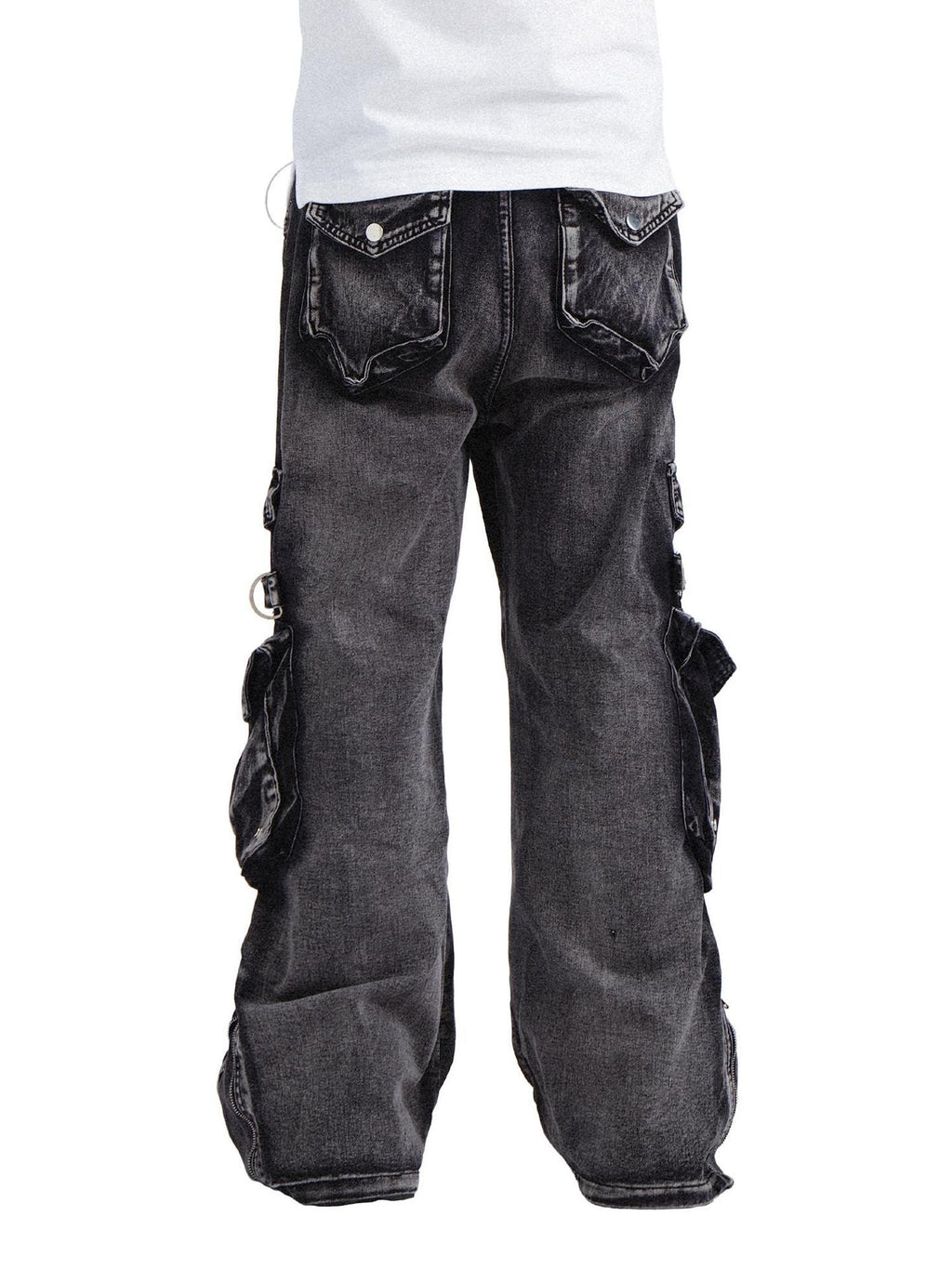 RebelSeed Black Punk Snow Wash Distressed Pocket Women's Denim Cargo Pants