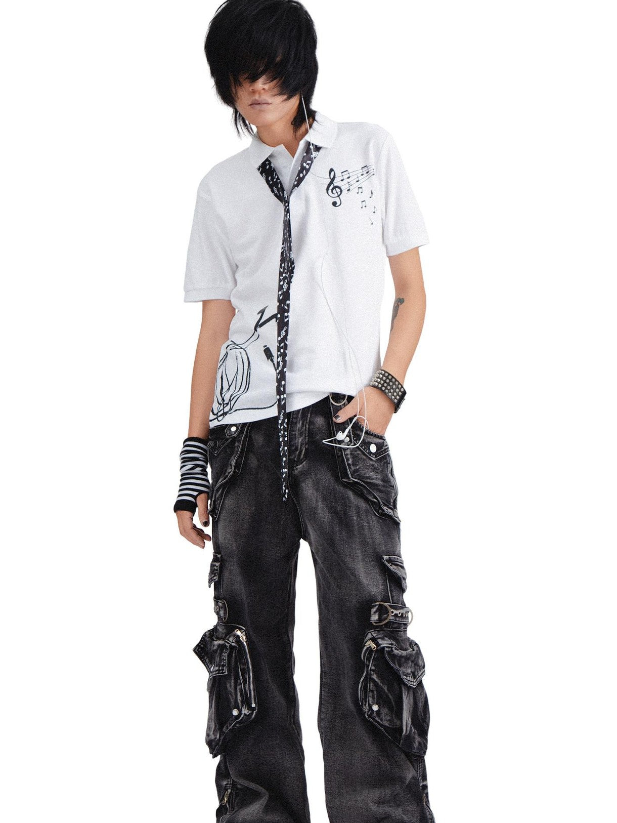 RebelSeed Black Punk Snow Wash Distressed Pocket Women's Denim Cargo Pants