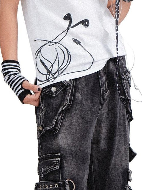 RebelSeed Black Punk Snow Wash Distressed Pocket Women's Denim Cargo Pants