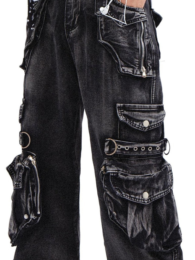RebelSeed Black Punk Snow Wash Distressed Pocket Women's Denim Cargo Pants