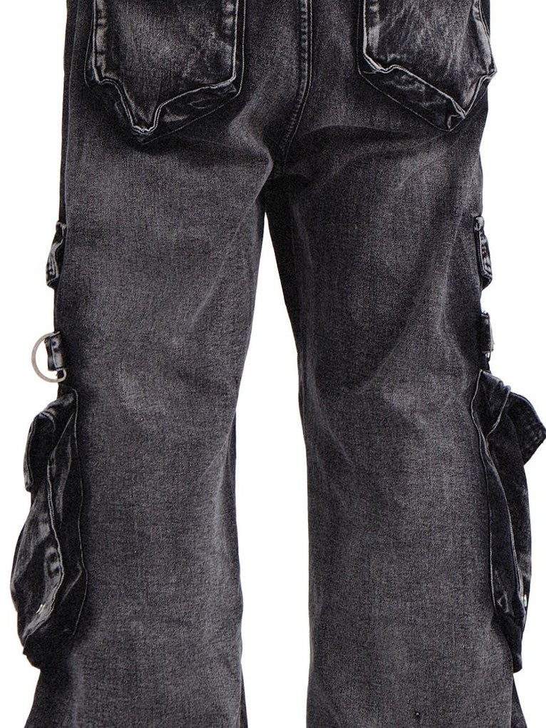 RebelSeed Black Punk Snow Wash Distressed Pocket Women's Denim Cargo Pants