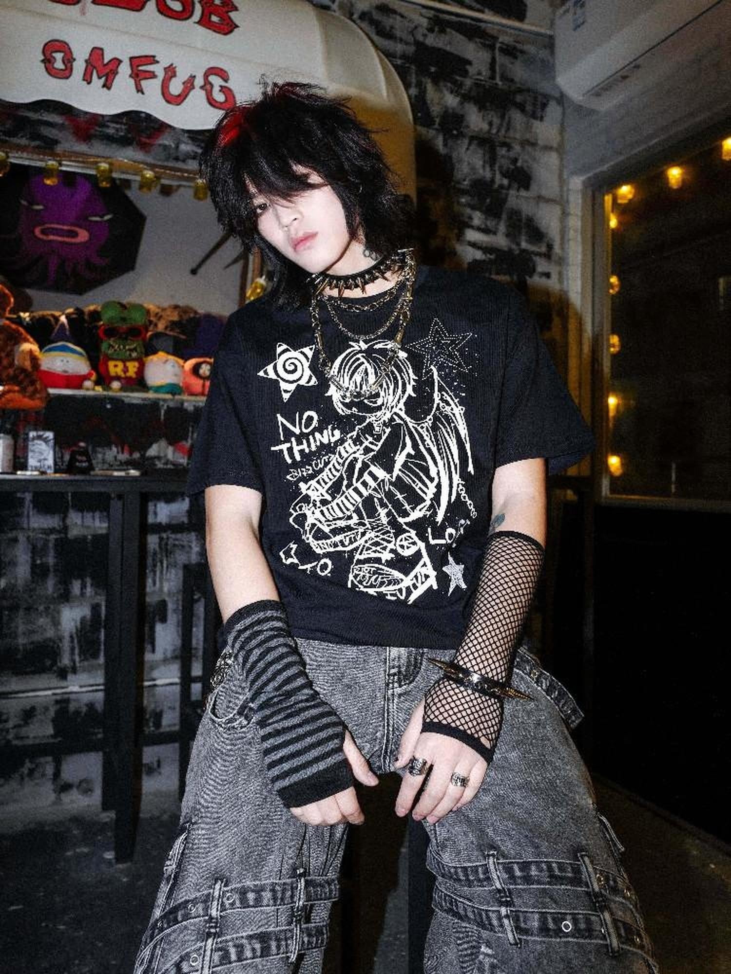 RebelSeed Black Rebel Angel Punk Rock Drop Shoulder Women's Short Sleeve T-shirts