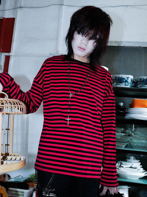 RebelSeed Black Red Stripe Drop Shoulder Punk Women's Cotton Long Sleeve T-shirts