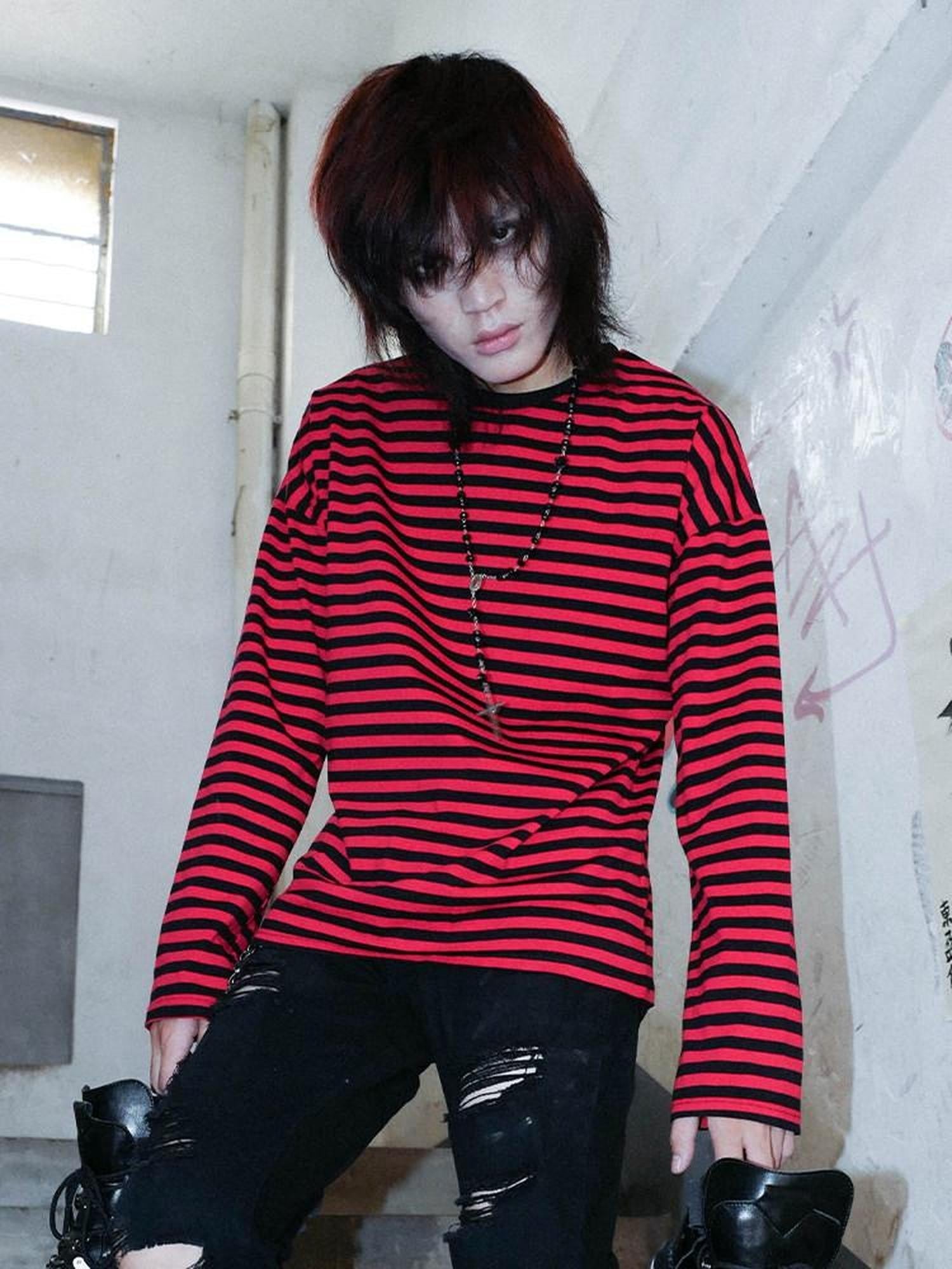 RebelSeed Black Red Stripe Drop Shoulder Punk Women's Cotton Long Sleeve T-shirts