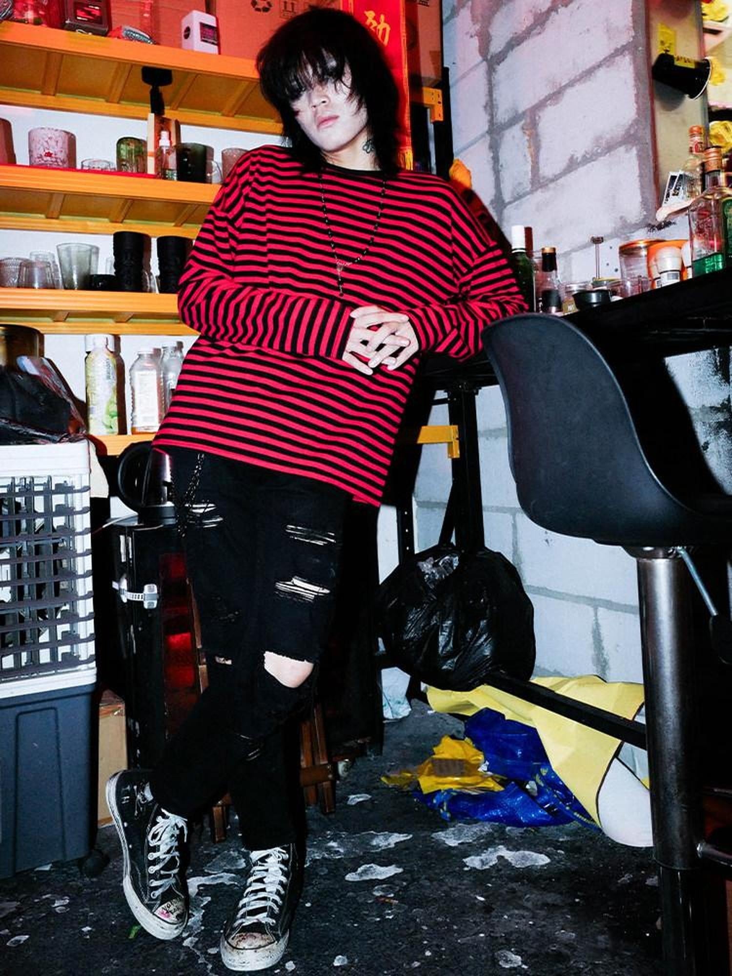 RebelSeed Black Red Stripe Drop Shoulder Punk Women's Cotton Long Sleeve T-shirts
