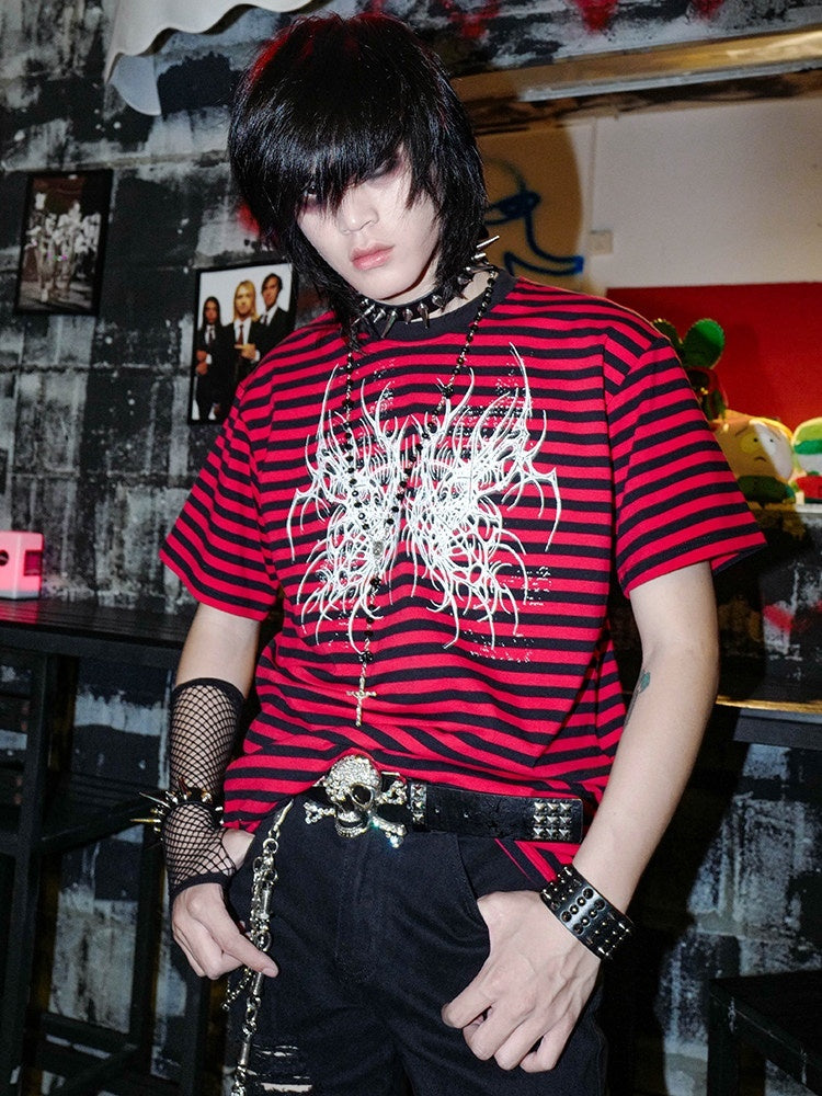 RebelSeed_Black_Red_Stripe_Skull_Heat_Press_Print_Women's_Cotton_Short_Sleeve_T-shirts_903117374726_MISSTT