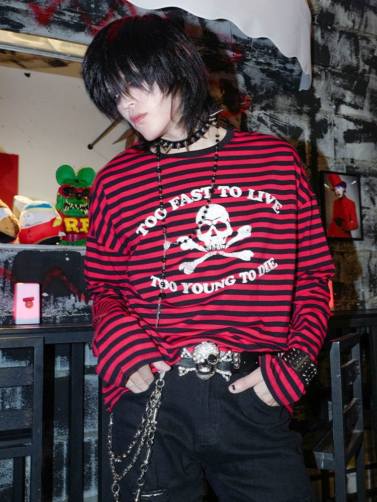 RebelSeed_Black_Red_Stripe_Skull_Print_Heat_Transfer_Women's_Cotton_Long_Sleeve_T-shirts_903994832292_MISSTT