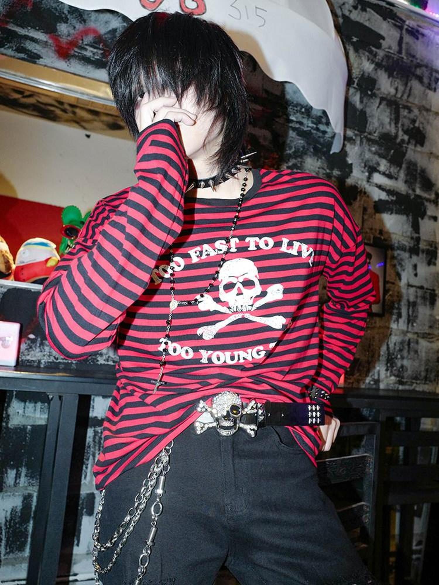 RebelSeed Black Red Stripe Skull Print Heat Transfer Women's Cotton Long Sleeve T-shirts