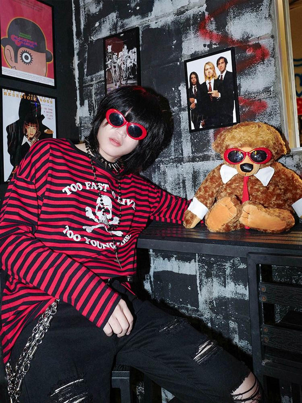RebelSeed Black Red Stripe Skull Print Heat Transfer Women's Cotton Long Sleeve T-shirts