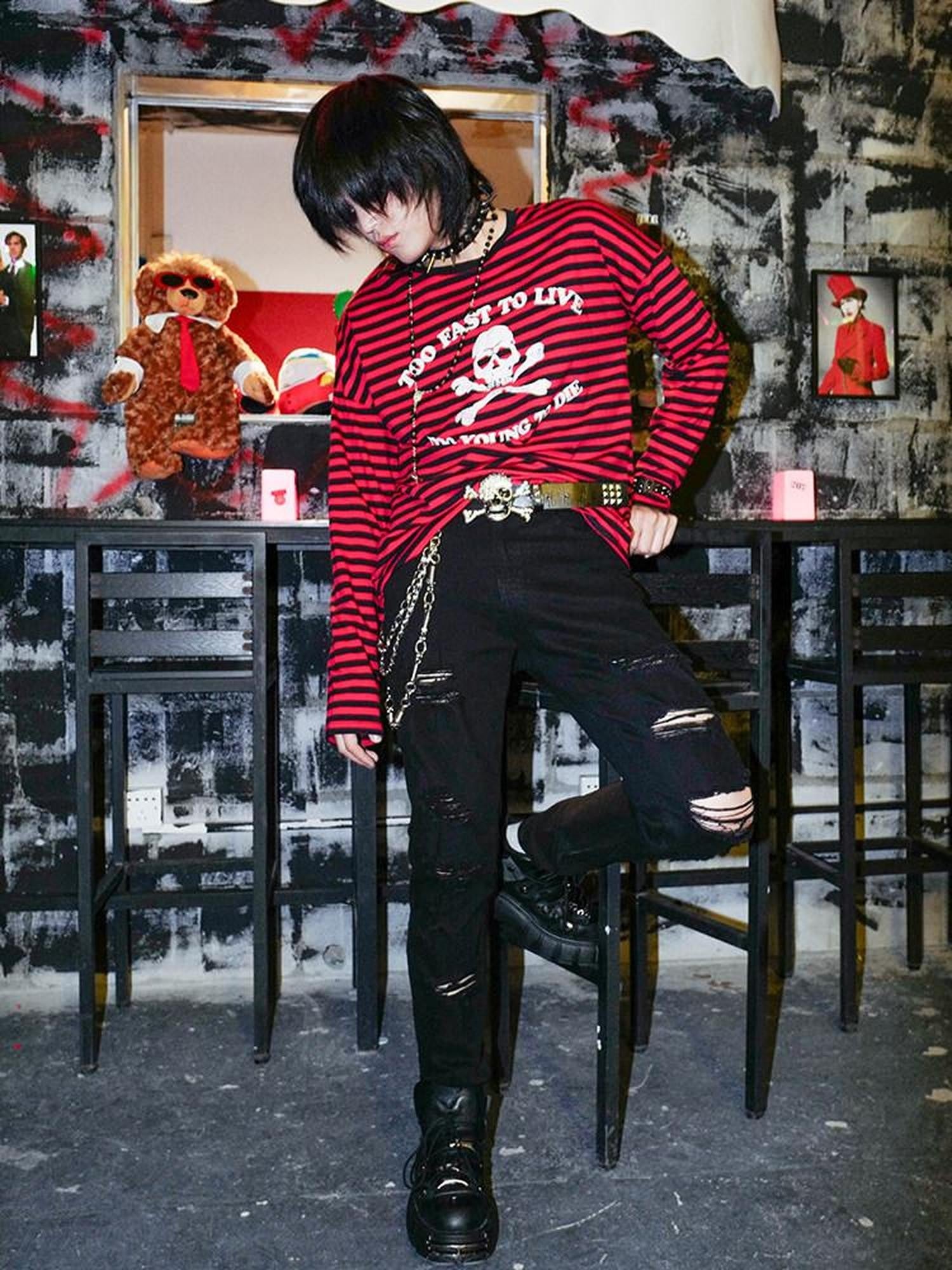 RebelSeed Black Red Stripe Skull Print Heat Transfer Women's Cotton Long Sleeve T-shirts