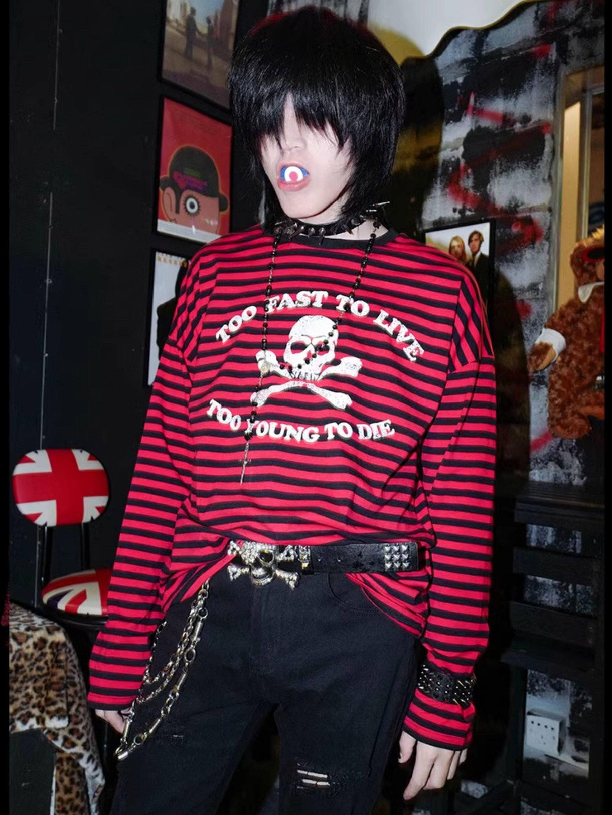 RebelSeed Black Red Stripe Skull Print Heat Transfer Women's Cotton Long Sleeve T-shirts