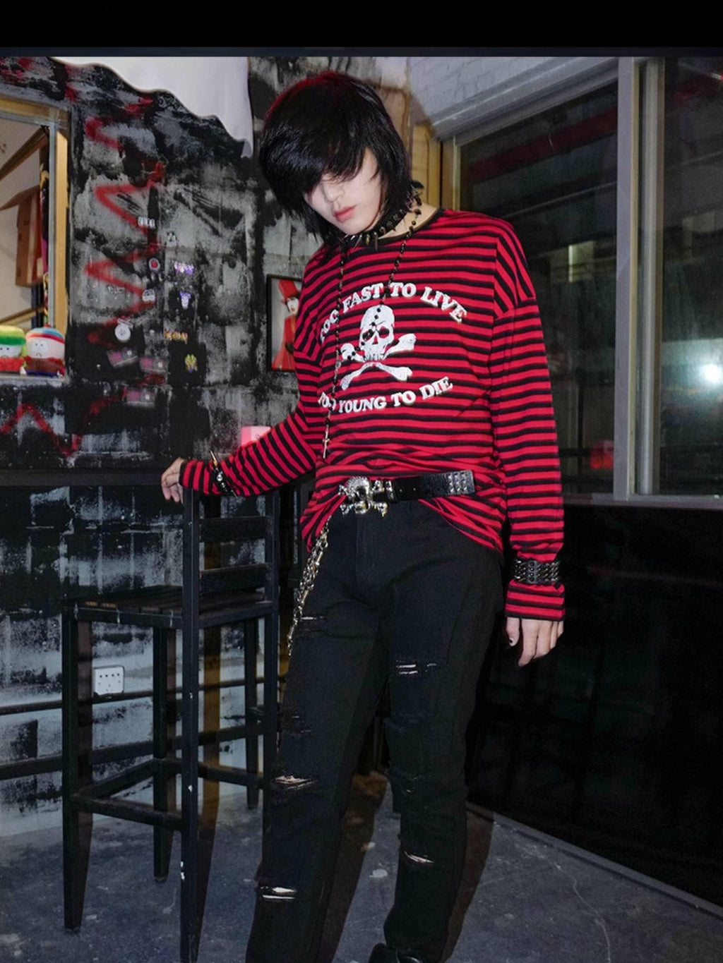 RebelSeed Black Red Stripe Skull Print Heat Transfer Women's Cotton Long Sleeve T-shirts