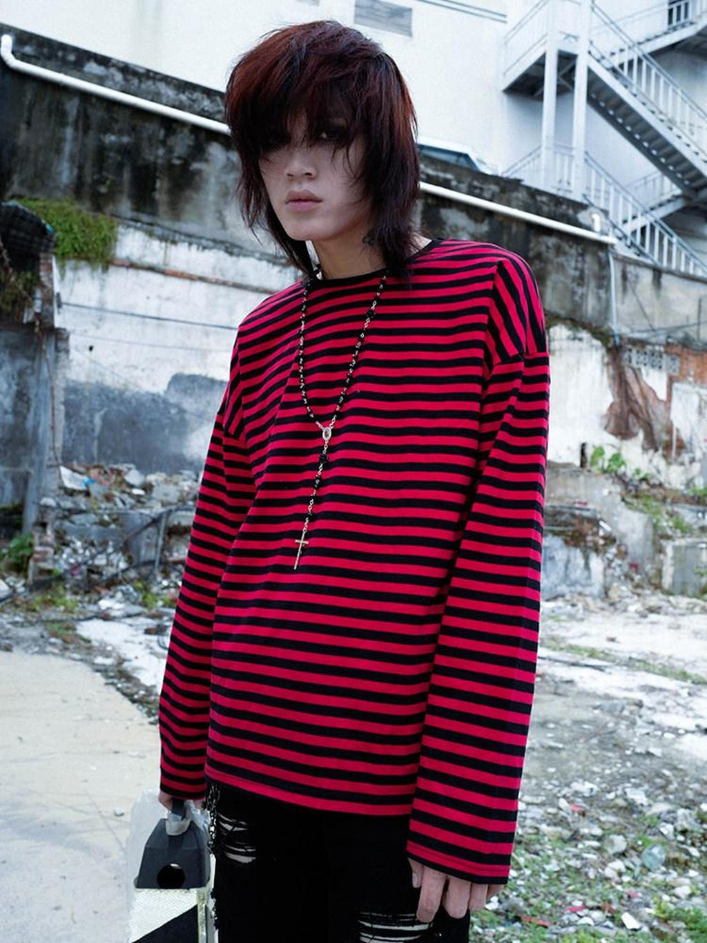 RebelSeed Black Red Striped Abstract Punk Drop Shoulder Loose Women's Long Sleeve T-shirts