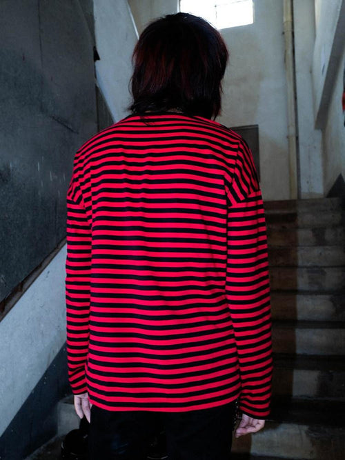 RebelSeed Black Red Striped Abstract Punk Drop Shoulder Loose Women's Long Sleeve T-shirts