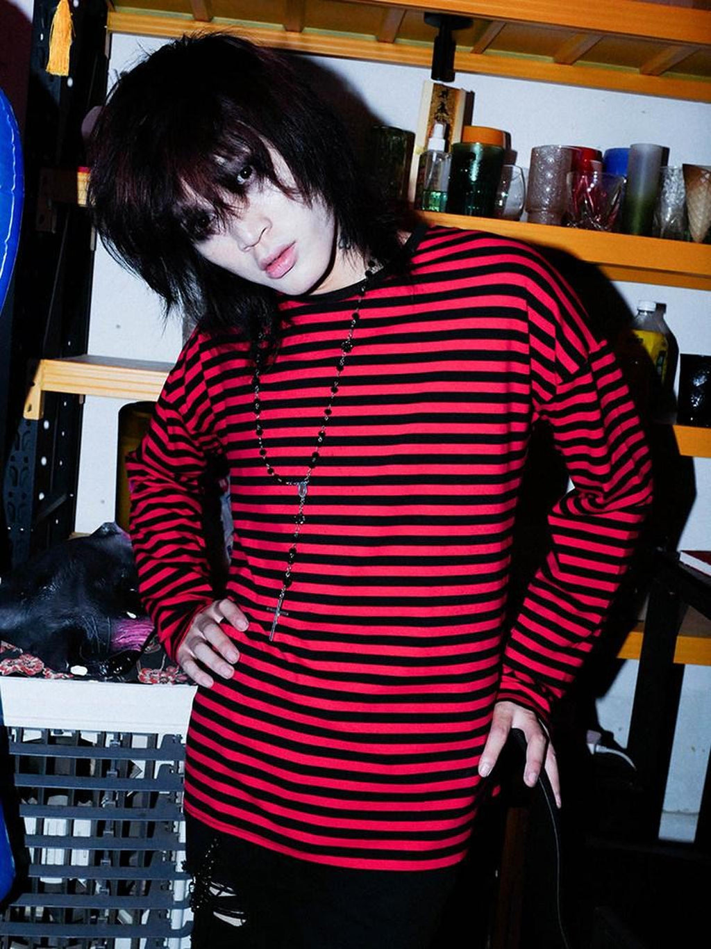 RebelSeed Black Red Striped Abstract Punk Drop Shoulder Loose Women's Long Sleeve T-shirts