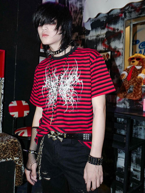 RebelSeed Black Red Striped Butterfly Skull Print Women's Cotton Short Sleeve T-shirts