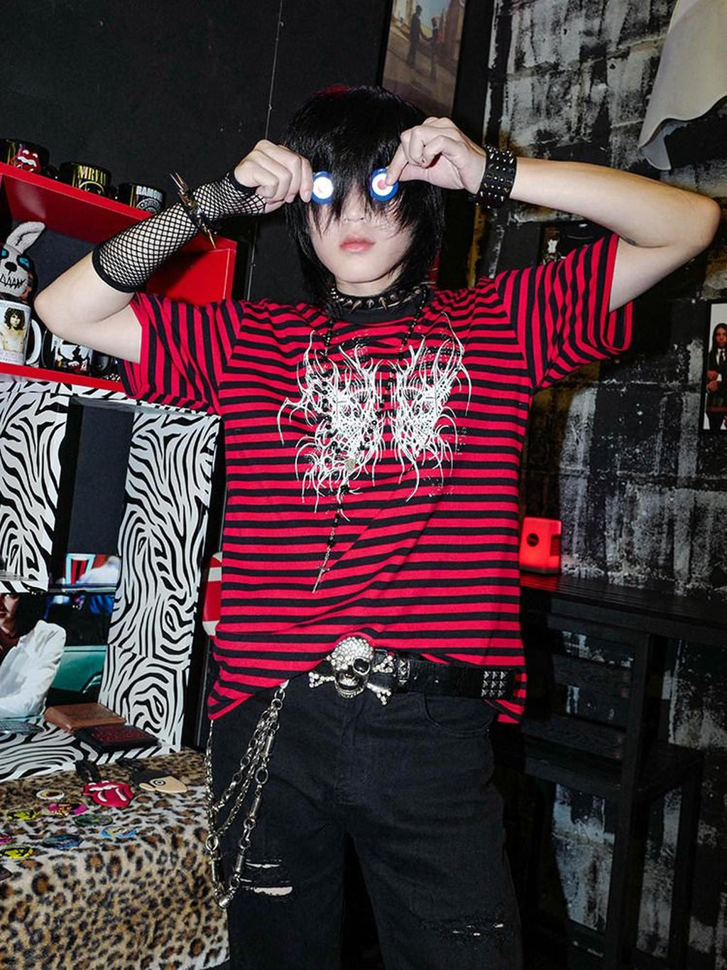 RebelSeed Black Red Striped Butterfly Skull Print Women's Cotton Short Sleeve T-shirts