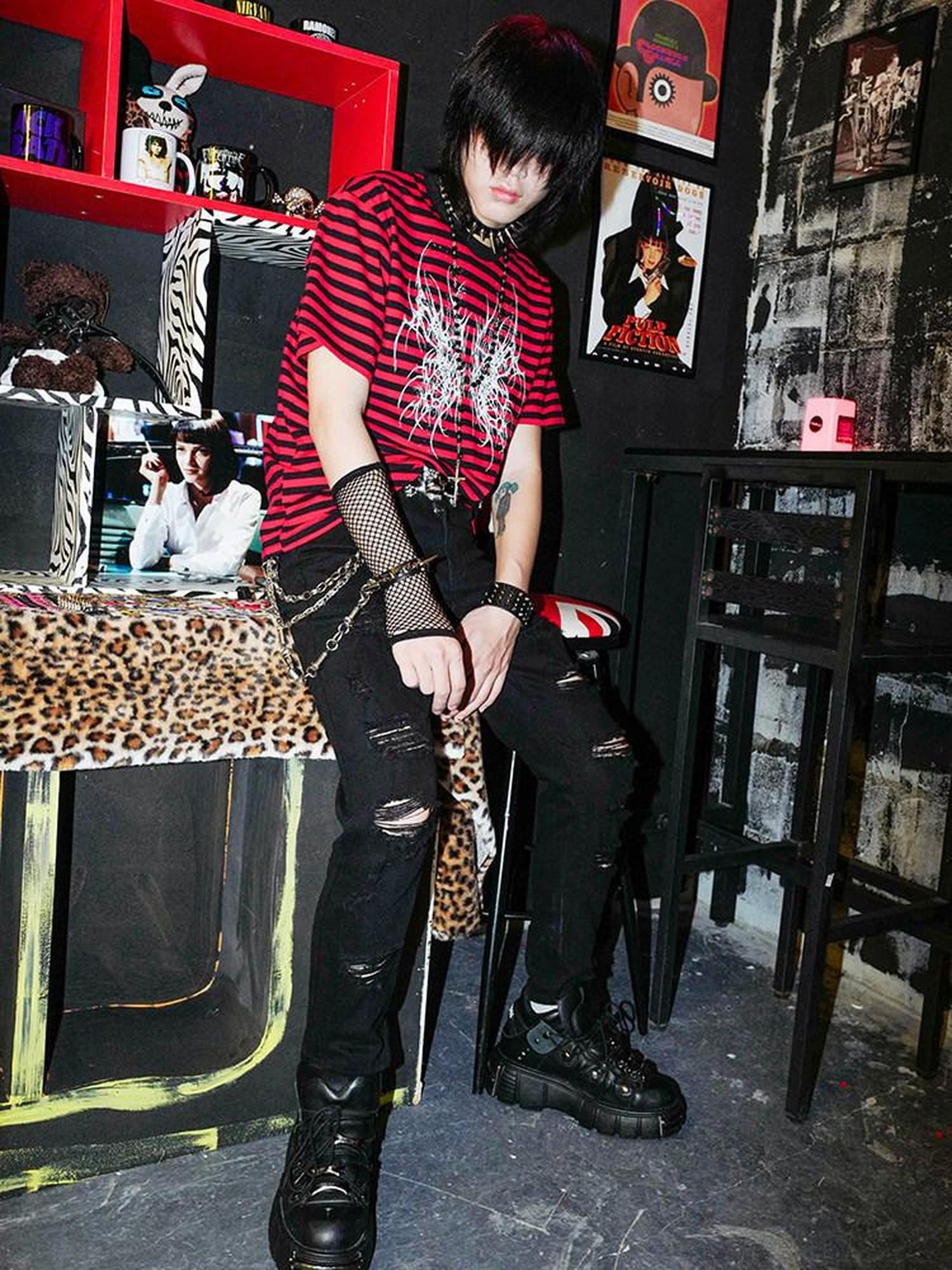 RebelSeed Black Red Striped Butterfly Skull Print Women's Cotton Short Sleeve T-shirts