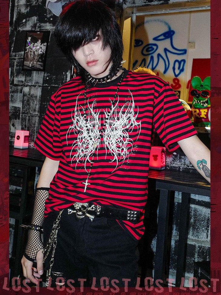 RebelSeed Black Red Striped Butterfly Skull Print Women's Cotton Short Sleeve T-shirts