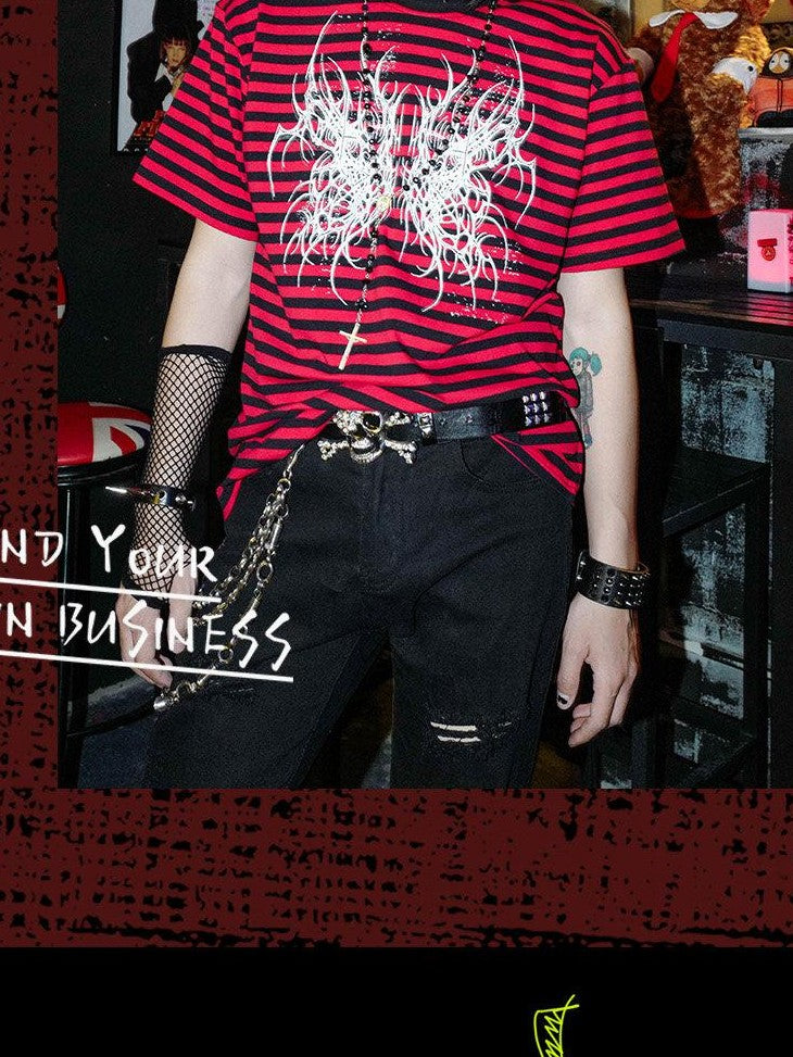 RebelSeed Black Red Striped Butterfly Skull Print Women's Cotton Short Sleeve T-shirts