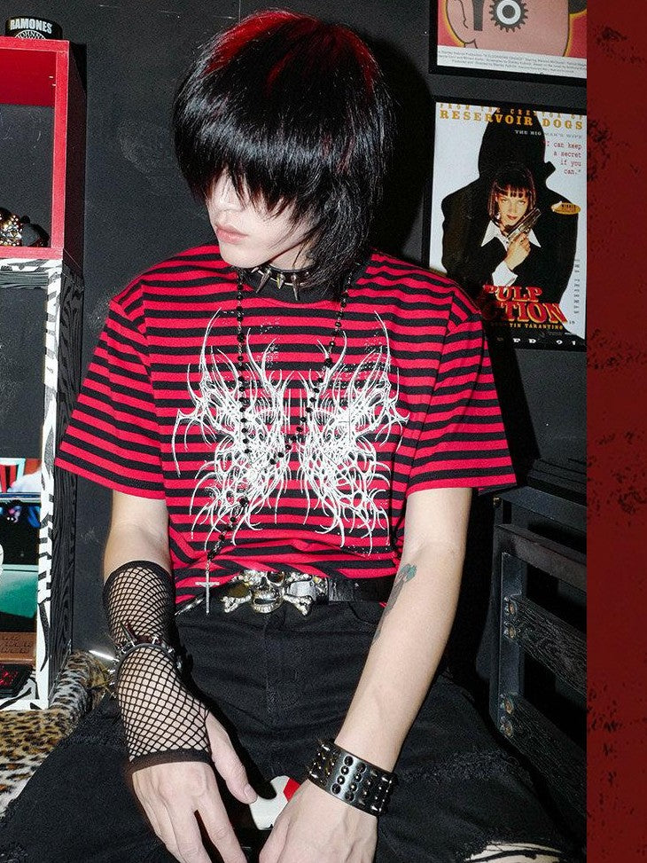RebelSeed Black Red Striped Butterfly Skull Print Women's Cotton Short Sleeve T-shirts