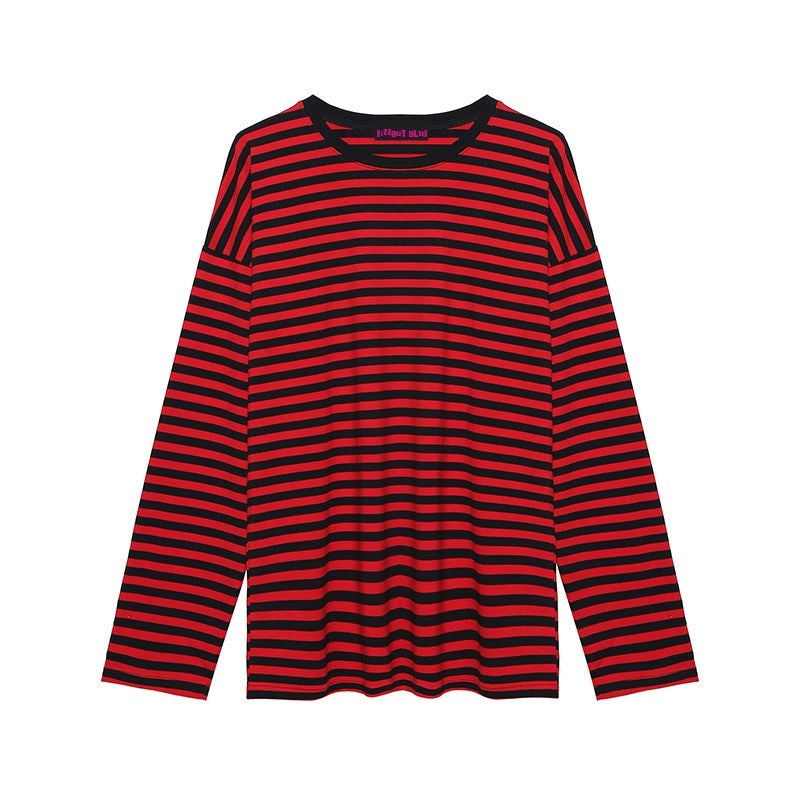 RebelSeed_Black_Red_Striped_Drop_Shoulder_Loose_Rock_Women's_Long_Sleeve_T-shirts_727233776019_MISSTT
