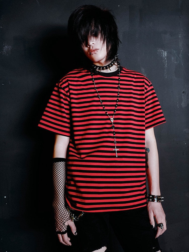 RebelSeed_Black_Red_Striped_Drop_Shoulder_Loose_Rock_Women's_Long_Sleeve_T-shirts_727233776019_MISSTT